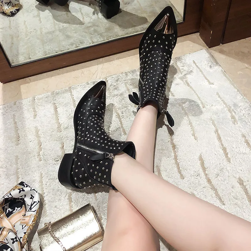 

FEDONAS Fashion Sexy Metal Decoration Ankle Boots Genuine Leather Pointed Toe Thick Heels Pumps Winter Night Club Shoes Woman