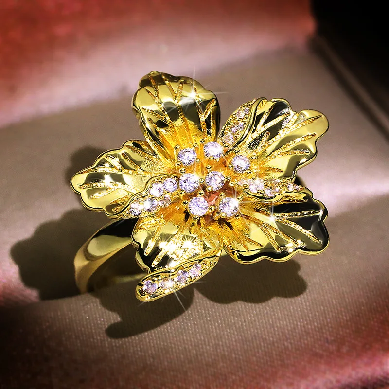 

Elegant Gold Flower Snowflake S925 Silver Ring Cubic Zirconia Female Wedding Vintage Boho Jewelry Gift Engagement For Women