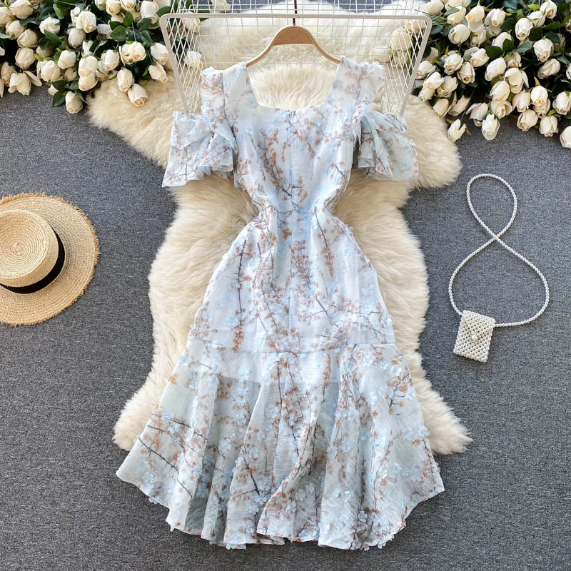 

Summer Style Fashion Runway Off The Shoulder Floral Appliques Midi High Low Dovetail Dress for Women Party Asymmetrical Vestidos