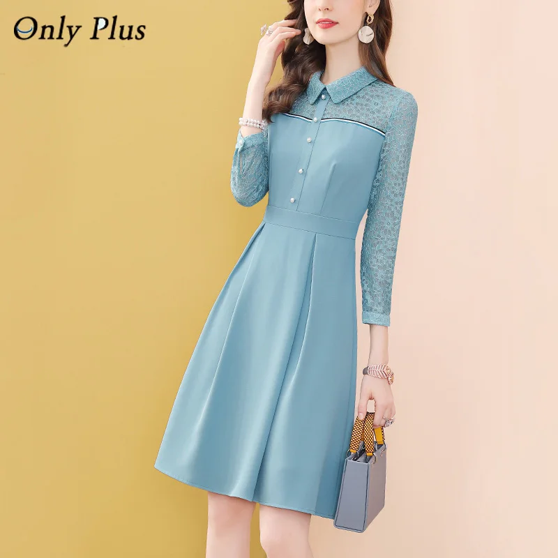 

Only Plus Vintage Blue Lace Slim Patchwork Dresses Button Up A-line Hollow Out Wrist Sleeve Dress For Women Autumn Elegant Robe