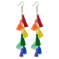 gorgeous handmade bohemian ethnic woman woven rainbow layered colored cotton thready tassel long dangle earrings free shipping