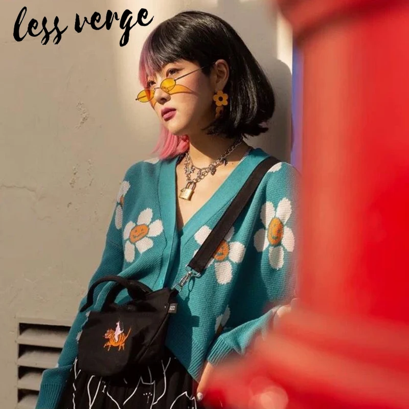Lessverge вязаный Мультфильм Цветок синий милый свитер кардиган для женщин осень