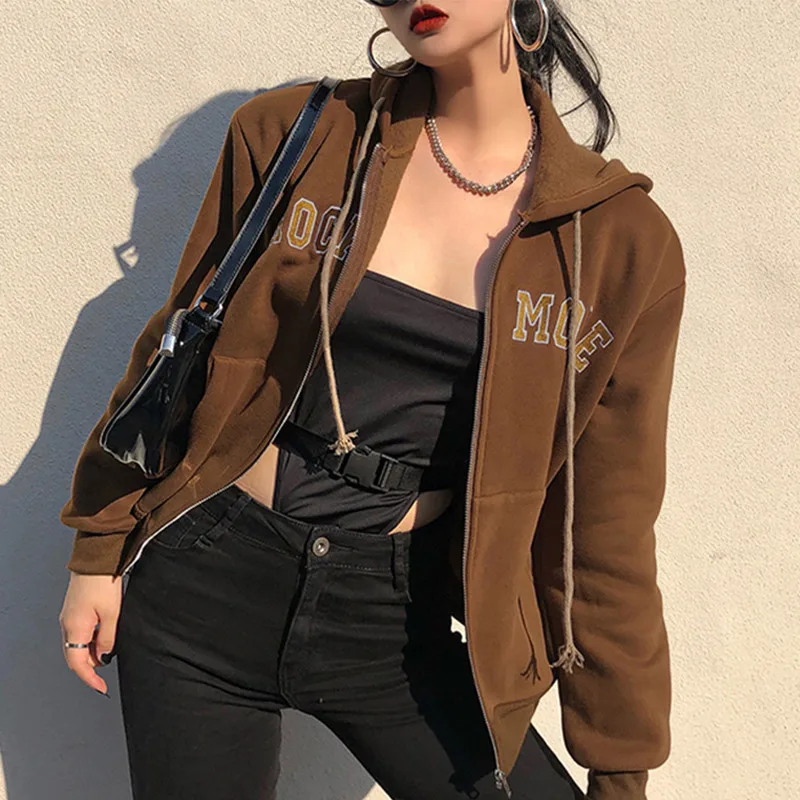 

Spring Fleece Zip Up Embroidery Women Hoodies Hooded Long Sleeve Pockets Female Sweatshirts 2021 Trend New Casual Ladies Hoodie