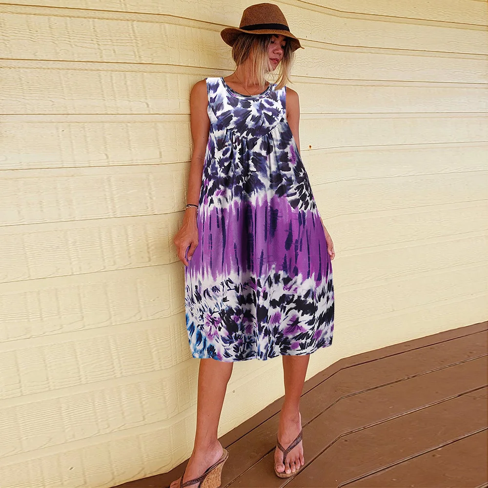 

Maternity Large Size Dress Bohemia Summer 2021 New Sleeveless Printed Round Neck Tie-dye A-Line Skirt Party Night Club Dress