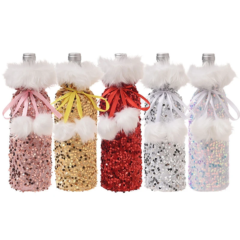 

Sequin Christmas Champagne Wine Bottle Cover Drawstring Bag Decor For Christmas Decoration Wedding Birthday Travel