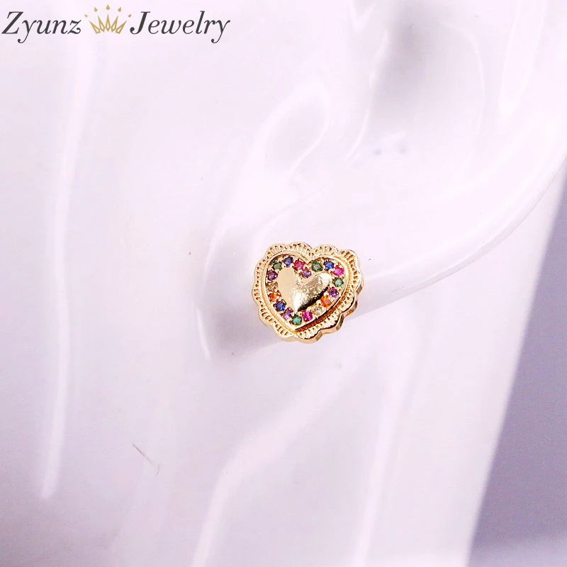 

10Pairs, Rainbow CZ Micro Pave Charm Heart Stud Earring Fashion Rainbow Gold Earring Delicate Cubic Zirconia Studs