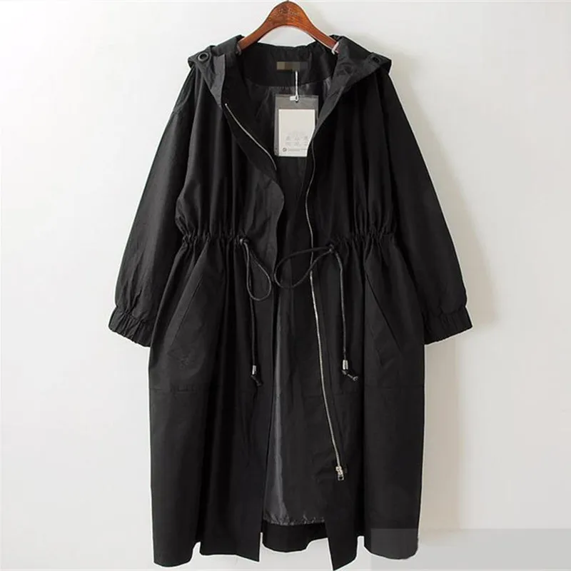 

Plus Size Trench Coat Women Clothes Loose Hooded Long Windbreaker Casaco Feminino Casual High Waist Black Ladies Coats 5XL Q3930