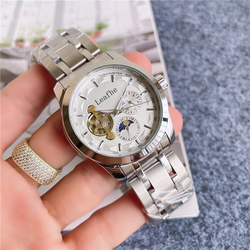 

Luxury men's mechanical watches large flywheel sun moon function stainless steel butterfly clasp dial diameter 43mm