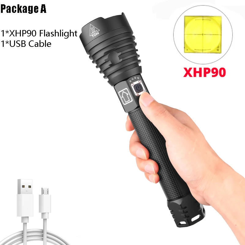 Package A XHP90 самый мощный светодиодный фонарик XLamp 18650 Zoom Torch USB Перезаряжаемый водонепроницаемый тактический фонарь Кемпинг Охота лампа - Испускаемый цвет: Package A