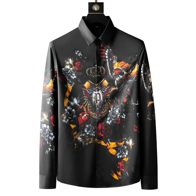 

2021 Men Long Sleeve Print Shirt Top Quality Brand Designer Breathable Slim Rhinestones Shirts Man Casual Clothing Chemise Homme