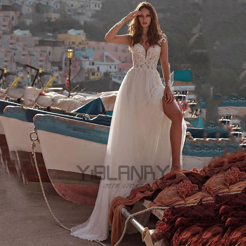 

YILIBER Lace wedding dress simple atmosphere long sleeve bridal dresses 3d flower v-neck split skirt custom made