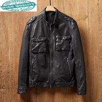 real spring men sheepskin leather coat motorcycle biker jacket vintage slim fit mg1 k1212 kj4426
