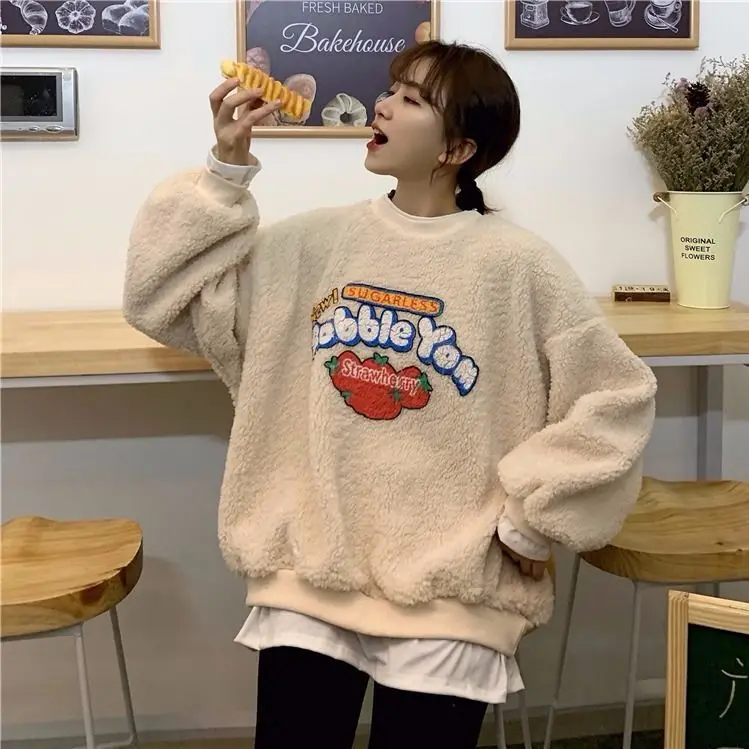 

Women's Autumn and Winter Sweatshirt Top Printing Round Neck Loose Wild Hoodie New Cashmere Fake Two-piece Padded Sweatshirts