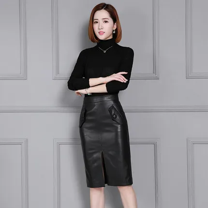 Новинка 2018 года кожаная юбка с высокой талией и запахом на бедрах K63 | Женская