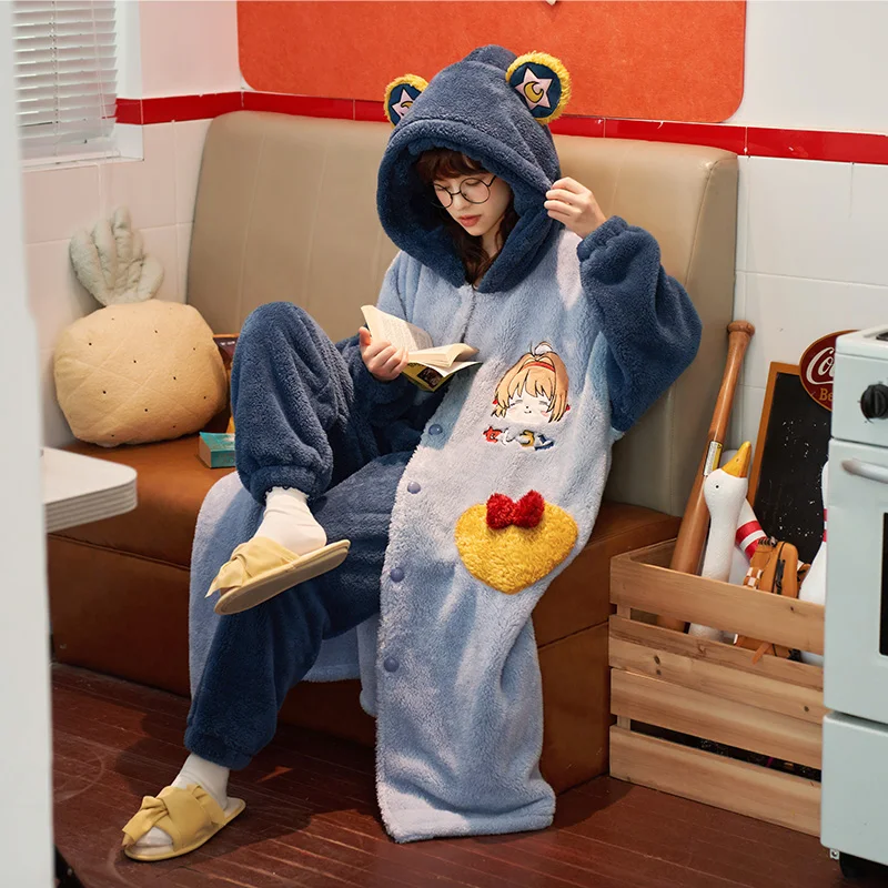Winter Sleepwear Woman Loose Version Pajama Set Flannel Cartoon Night Skirt Two-piece Dress Cardigan Medium Style Sweet женский