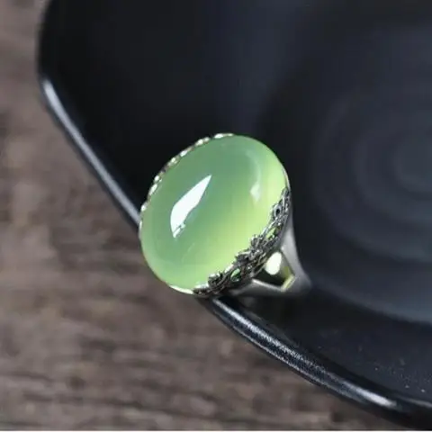 

S925 Sterling Silver Thai Silver Thai Hand-Inlaid Natural Hetian Jade Ring Ring Shank Retro Royal Sweet Moisturizing Women