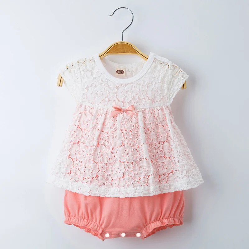 Комбинезоны для новорожденных девочек кружевные из двух частей с бантом