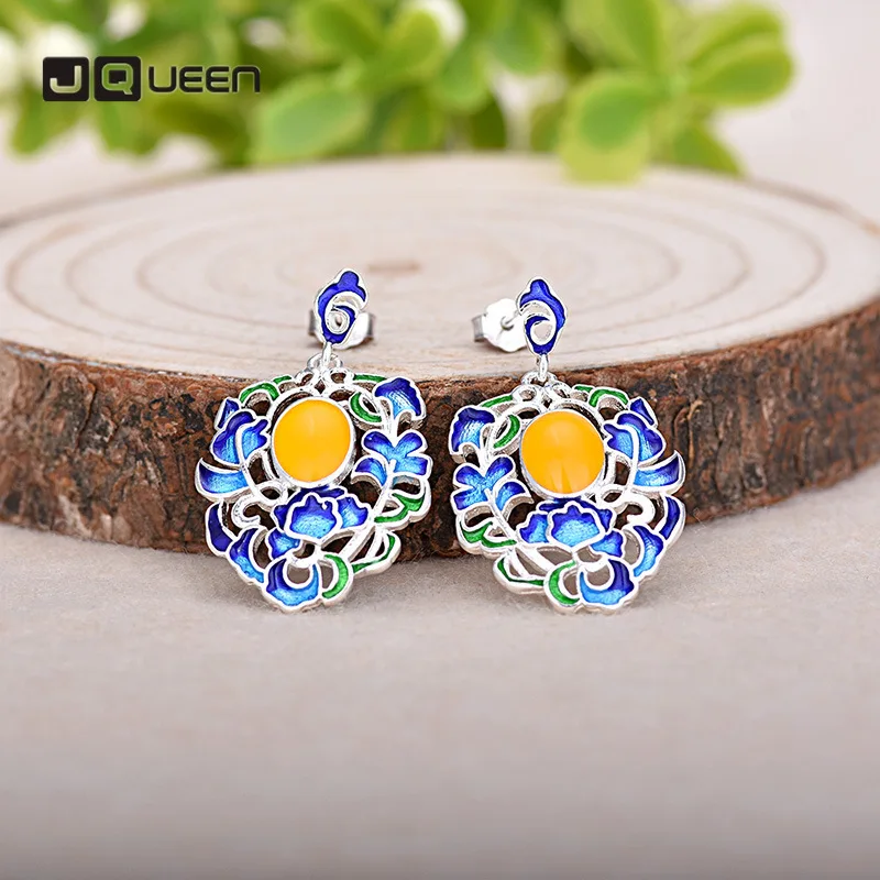 Модные серьги эмалированные синие в этническом стиле серебряные серьги-гвоздики