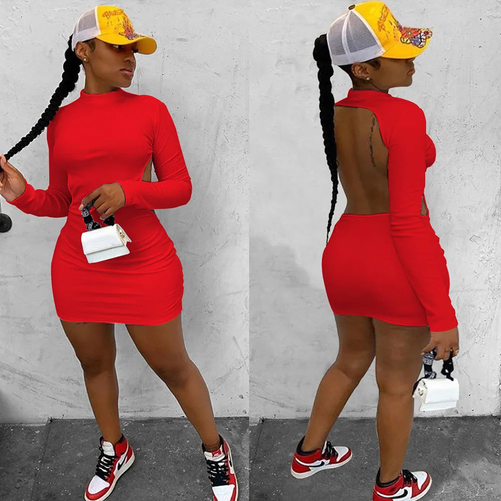 

Sexy Backless Long Sleeve Casual Dress 2020 Women Sheath Short Party Club Dress Ladies Streetwear Bodycon Mini T Shirt Dress