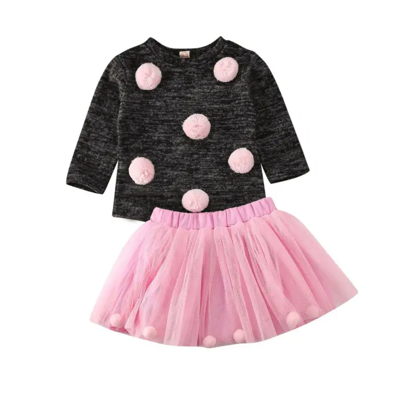 

Dropship 2pcs Clothes Sets Baby Girls Clothes Long Sleeve Hairball Knit Tops Sweater+Tulle Mini Skirts Party Outfits Costume Set