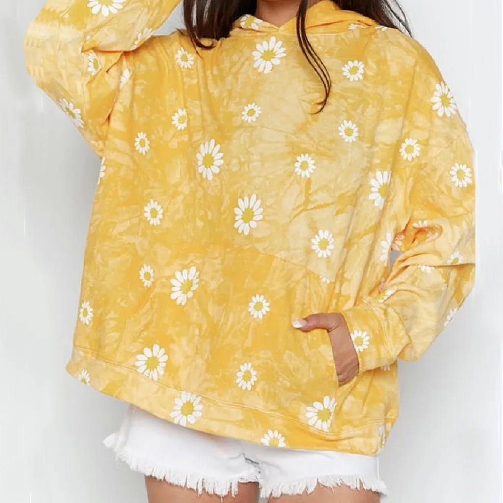 Женская толстовка с капюшоном и принтом разноцветная Радужная Свободная блузка