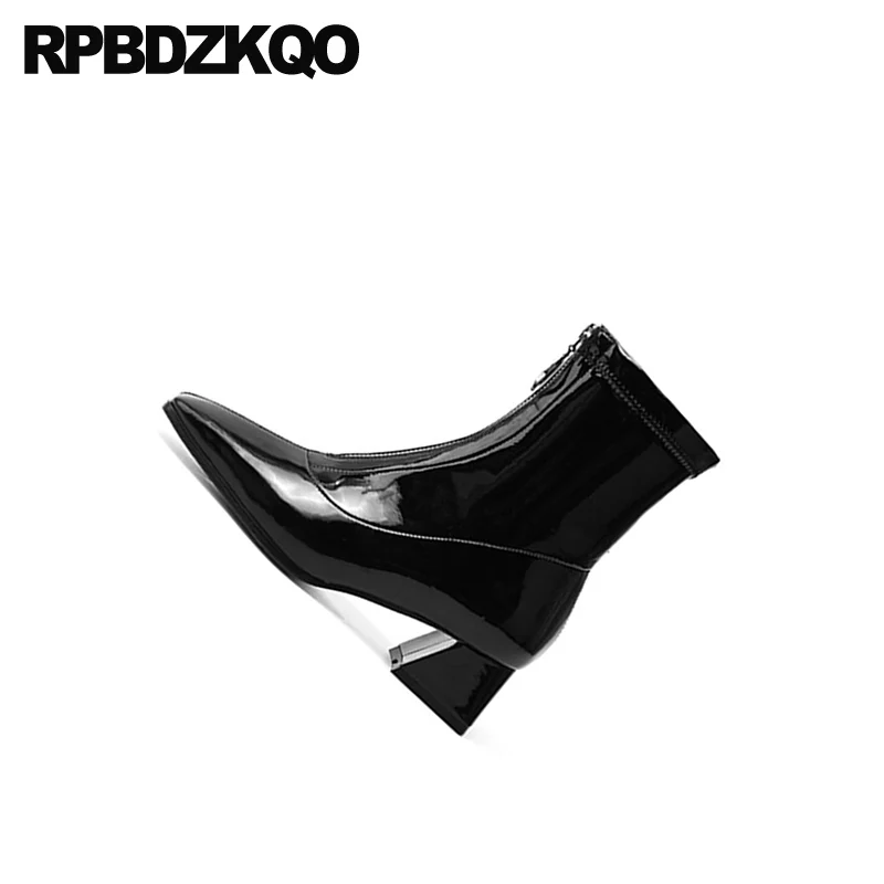 Женские ботильоны из лакированной кожи черные ботинки на высоком массивном