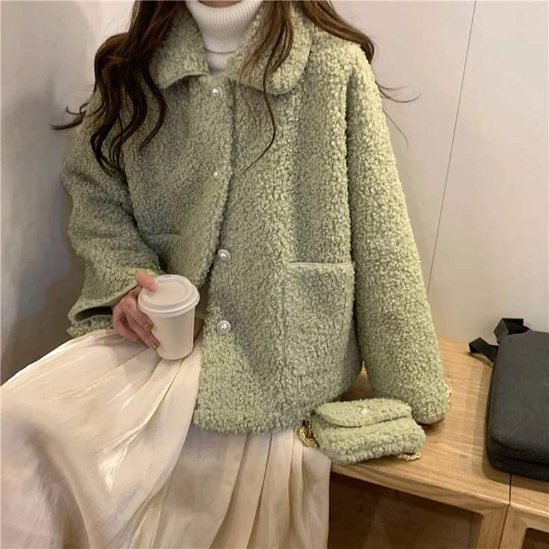 

2020 Winter Clothes Women Coat Warm Velvet Soft Button Jacket Sweet Coat Ladies Plush Overcoat Pocket Casual Outerwear