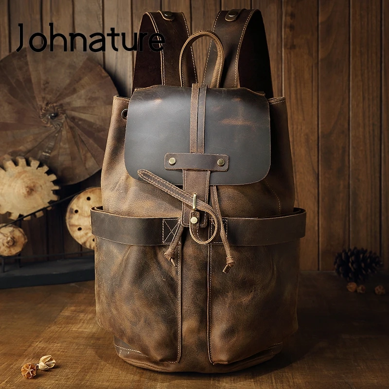 Johnature Crazy Horse Leather Men Backpack 2022 New All-match Leisure Travel Bag Large Capacity Cowhide Retro Handmade Bagpack