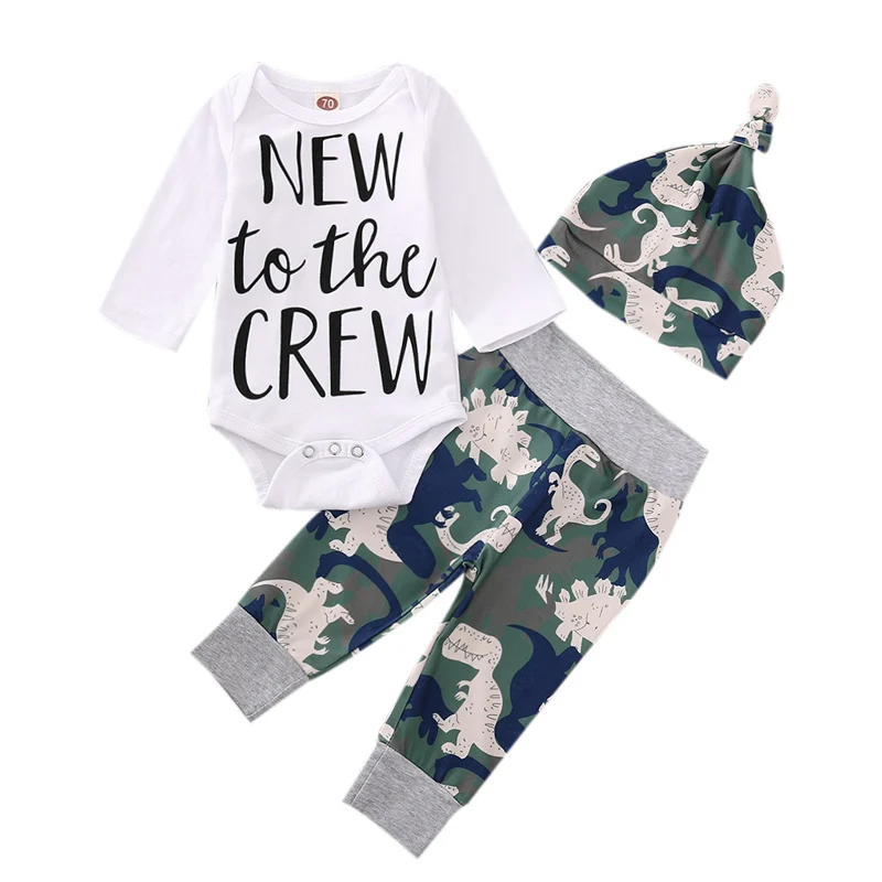 

Pudcoco 3 Piece Baby Romper Pants Hat Suit Letter Printed Round Neck Covered Button Bodysuit Camouflage Dinosaur Trouser Sets