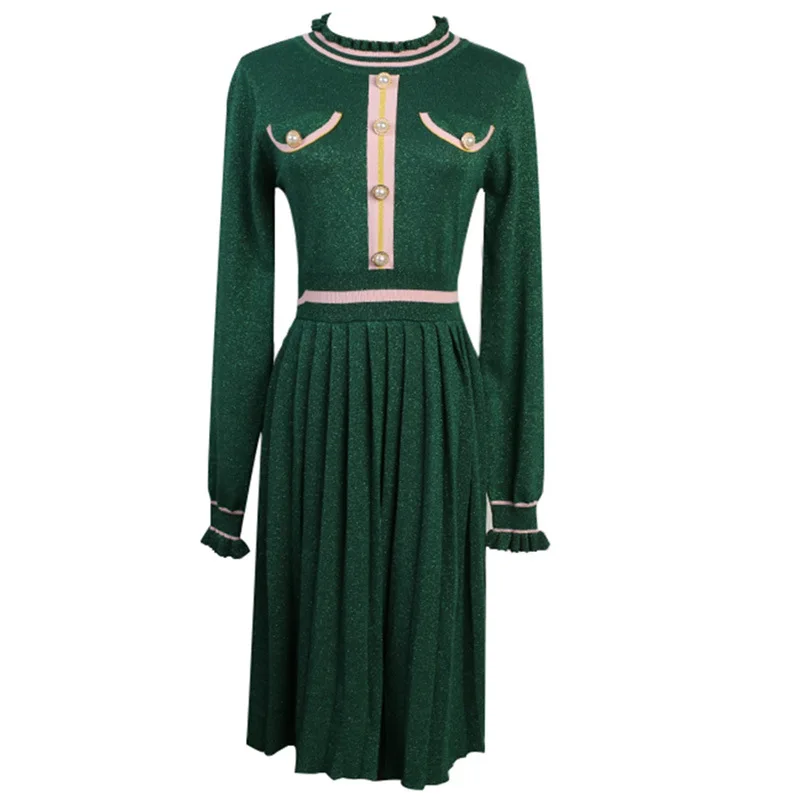 Женское винтажное трикотажное платье средней длины с оборками и жемчужинами на