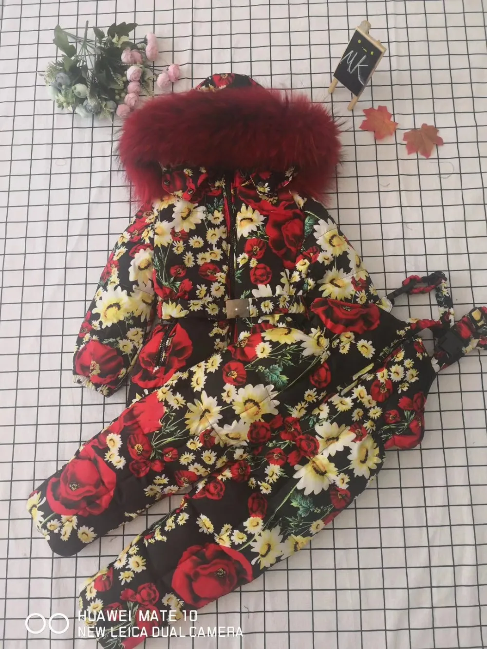Real raccoon fur winter jacket child suit jacket+pant twinset boy& girl ski suits children down jacket outerwear parka