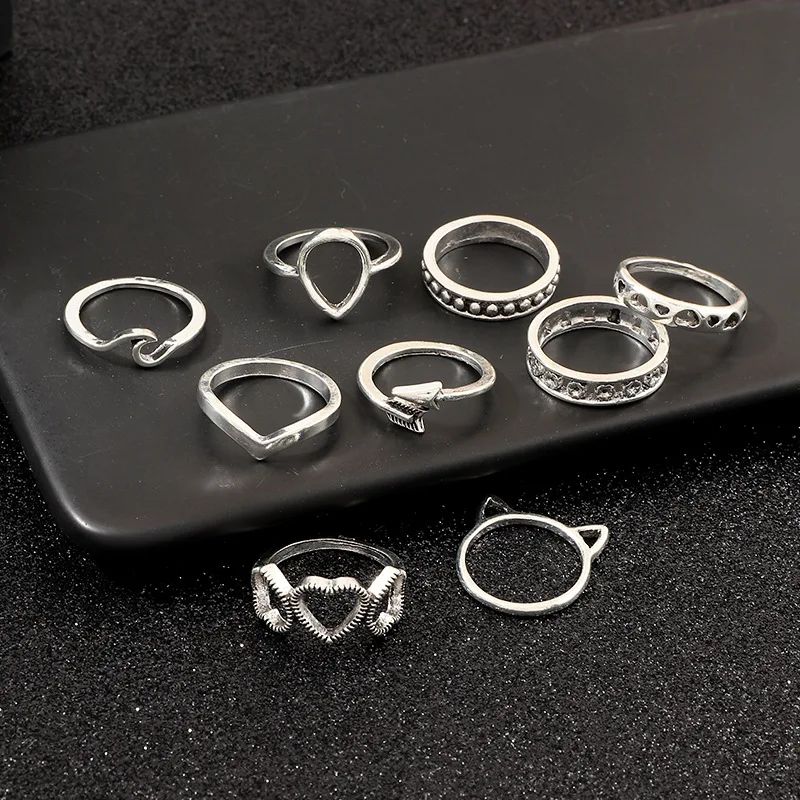 9 шт./компл. женские кольца модные волнистые сердца геометрические серебряные на