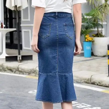 

2020 Women denim Skirt High Waist Ruffles Silm Knee-length female bodycon sexy Denim Mermaid Skirt irregular skirts womens