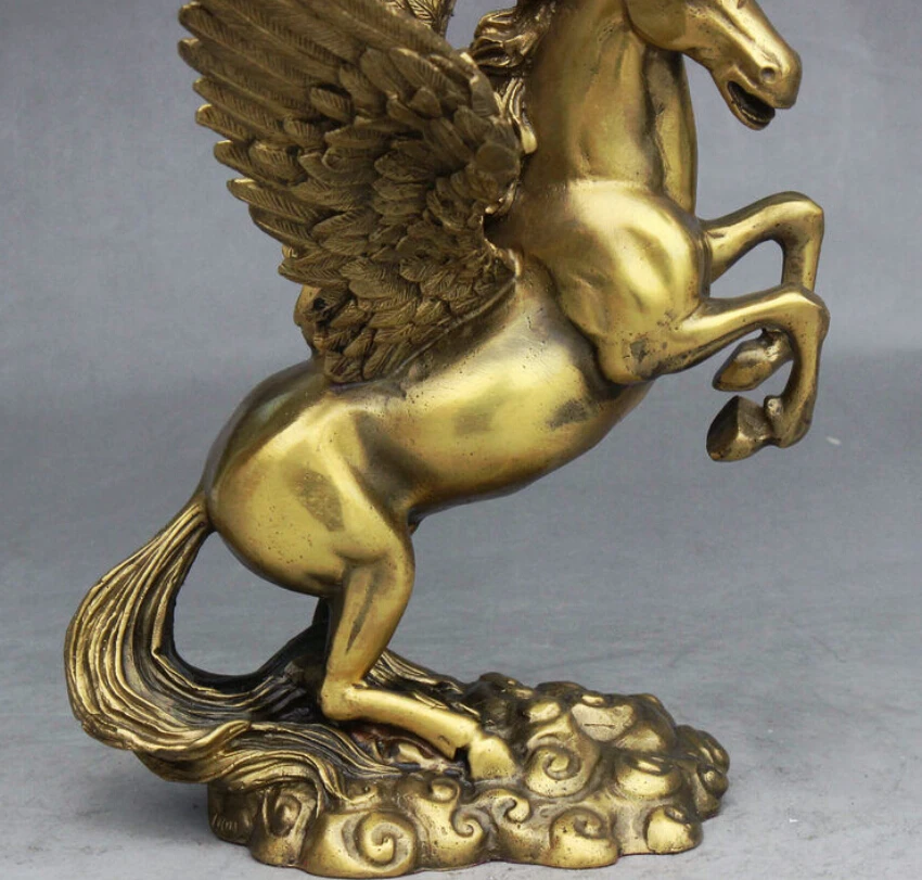 621>>>>&gt10" Folk China Fengshui Brass Myth Pegasus Fly Horse Wings Lucky Statue |