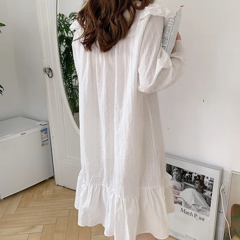 Spring 2021 New Korean Solid Color Cotton Casual Jacquard Lace Long Sleeve Nightdress Home Wear Sexy Nightgown Sleep Tops