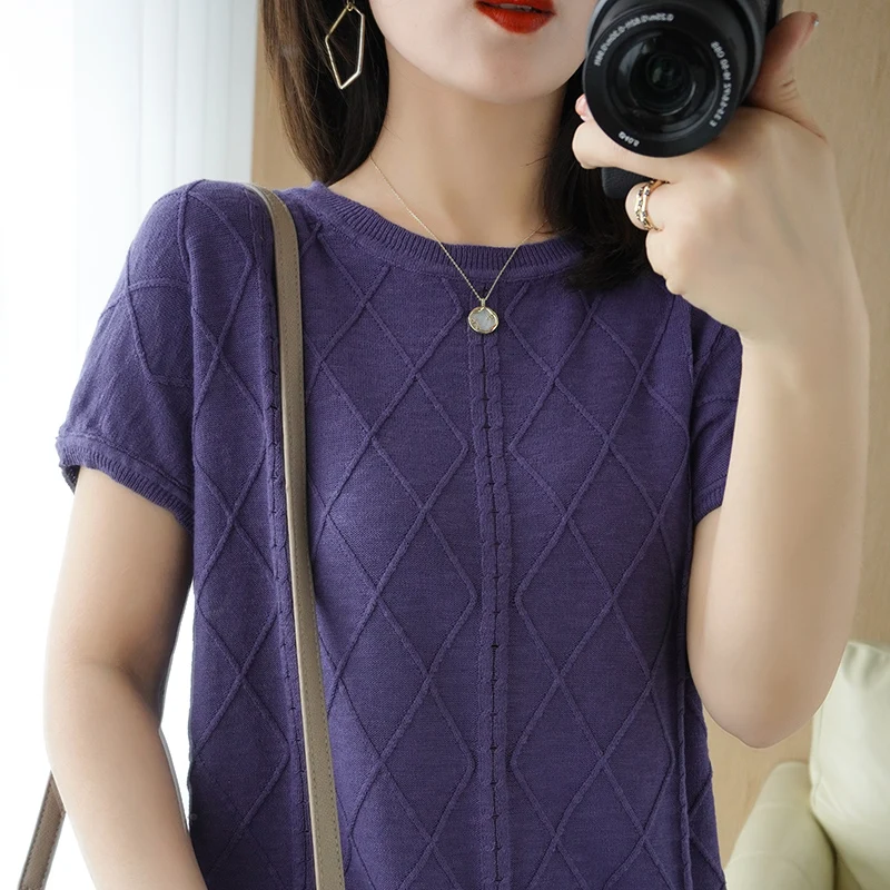 

2021 Summer New Large Size Short-Sleeved Round Neck 100%Cotton Rhombus Women's Loose Knit Vest Pure Cotton Thread Bottoming Tops