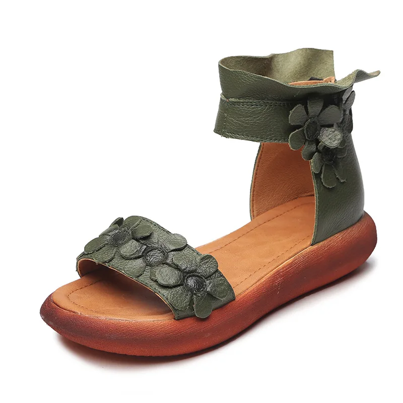 

High Quality Flat Women Sandals Genuine Leather Ankle Wrap Flower Casual Ethnic Retro Peep Mother Ladies Shoes Zapatos De Mujer
