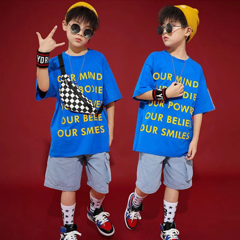 Костюм джазового танца для девочек и мальчиков одежда уличная детская соревнований в стиле хип хоп футболка