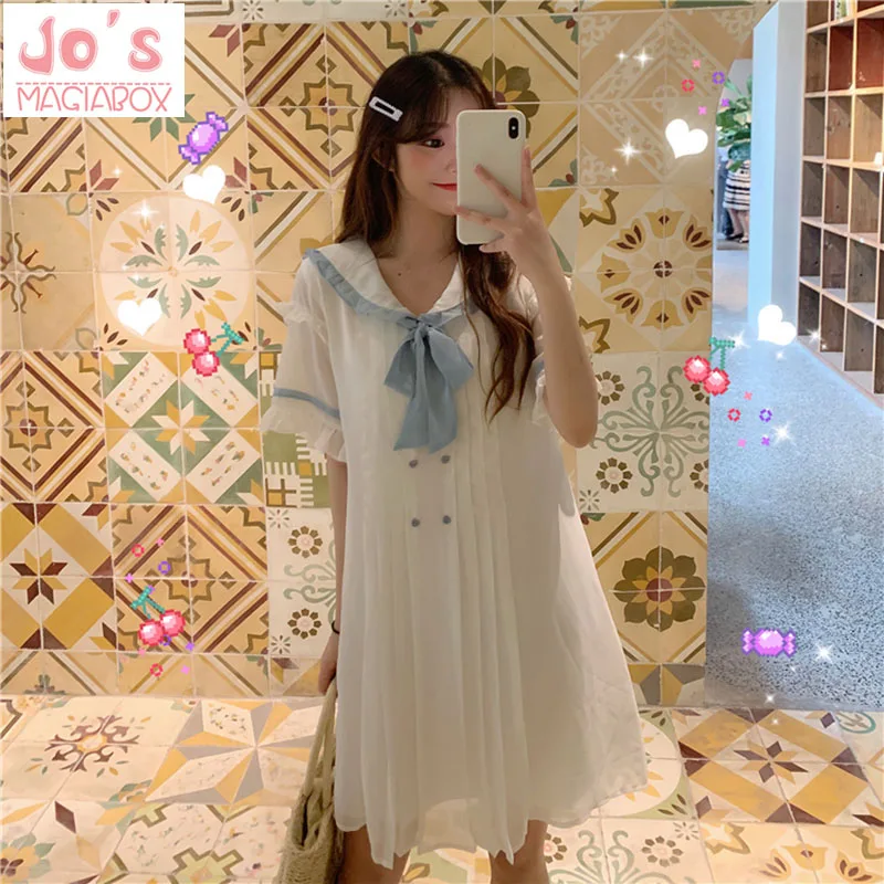 Летнее повседневное свободное однотонное женское платье Kawaii платье до колена с короткими рукавами милое платье с воротником Питер Пэн и милым бантом