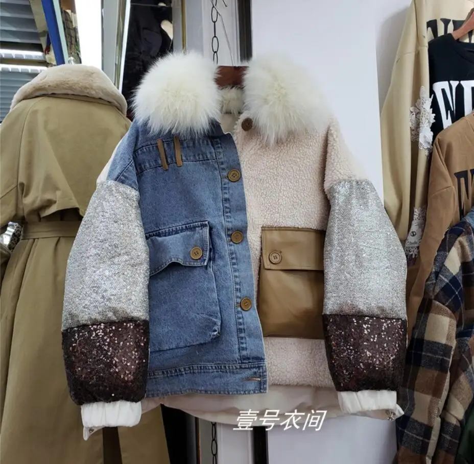 Новинка 2019 зимняя джинсовая куртка с воротником из натурального меха прошитая