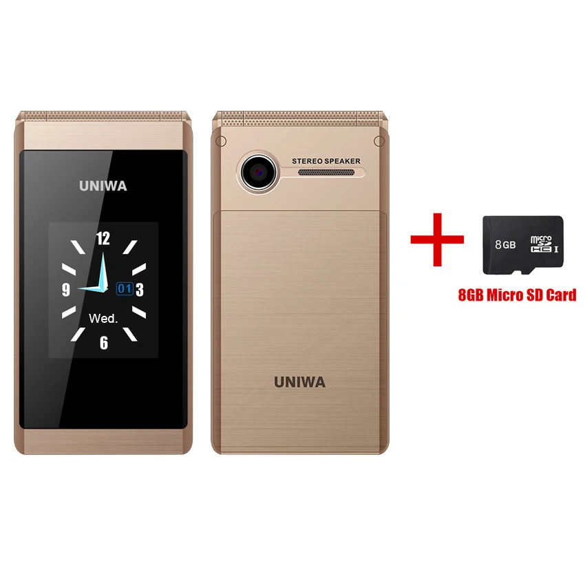 Gold Add 8GB card UNIWA X28 флип сотовый телефон 2,8 дюймов русская клавиатура двойной дисплей телефоны Bluetooth FM Мобильный телефон с двумя sim-картами кнопочный телефон - Цвет: Gold Add 8GB card