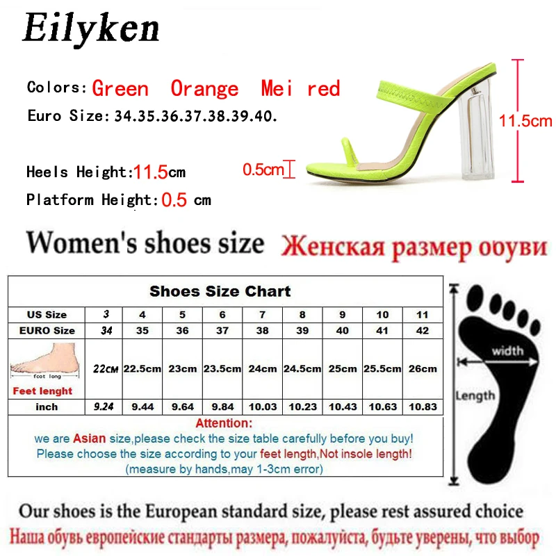 Eilyken; модные флуоресцентные зеленые прозрачные женские шлепанцы на квадратном каблуке с кристаллами; босоножки на высоком каблуке; туфли-лодочки без задника с открытым носком