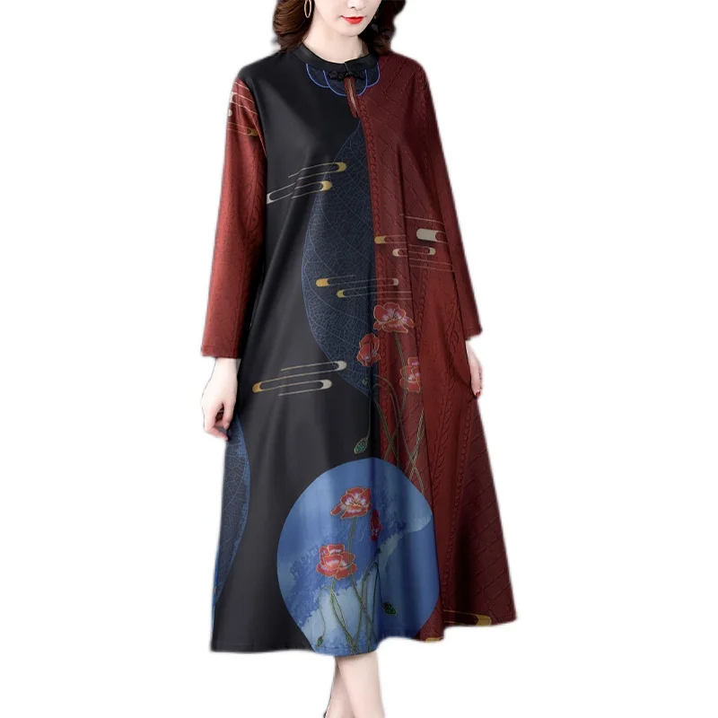 

COIGARSAM Women Long Dress Spring 2021 New Cheongsam Vintage Print Full Sleeve Loose O-Neck Green Yellow Red Dresses Traf Robe