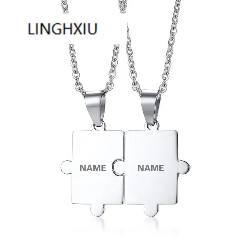 

Meaeguet Free Engraving Puzzle Necklace Set For Best Friends Men Women Couple Stainless Steel Personalized Pendant Necklace Set