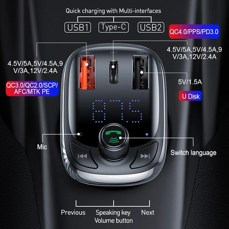 baseus fm transmitter bluetooth 5 0 handsfree car kit audio mp3 player with pps qc3 0 qc4 0 5a fast charger auto fm modulator free global shipping
