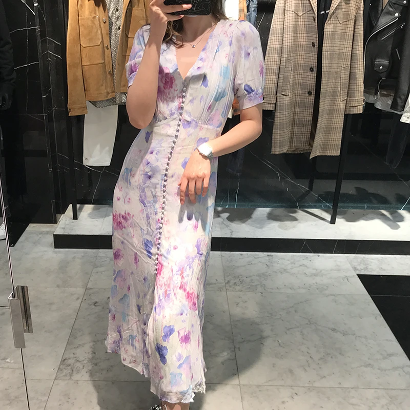 Женское платье миди с высокой талией однобортное цветным принтом и V образным