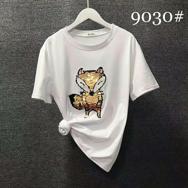 

2021 Sequins T-shirt Female Cartoon Cotton Short sleeve Tshirt Women Top student girls casual Tee shirt white summer Loose Korea