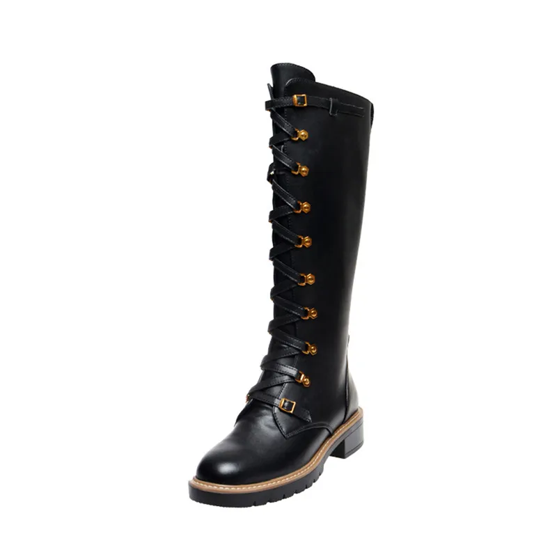 black long boots MORAZORA/ Новое поступление, Лидер продаж для отдыха Женские ботинки обувь на низком каблуке, с круглым носком; натуральная кожа; женские ботильоны с пряжкой - Цвет: black long boots