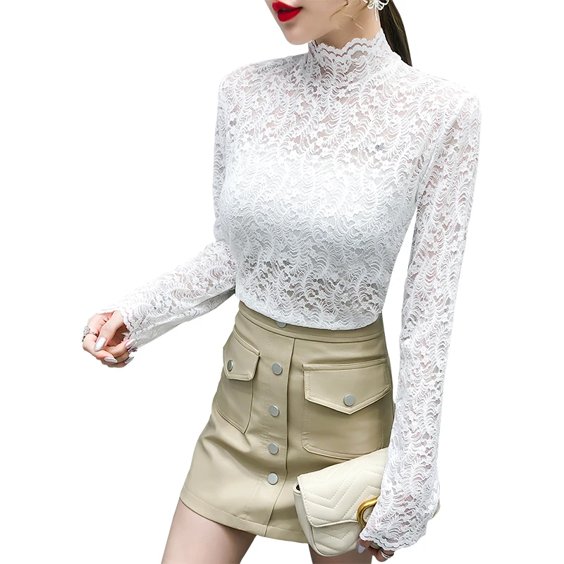 

Girls Lace Blouses Shirts Tees Female Turtleneck Fashion Hollow Out Full Sleeve Slim Elegant Base Blouses Tops For Women