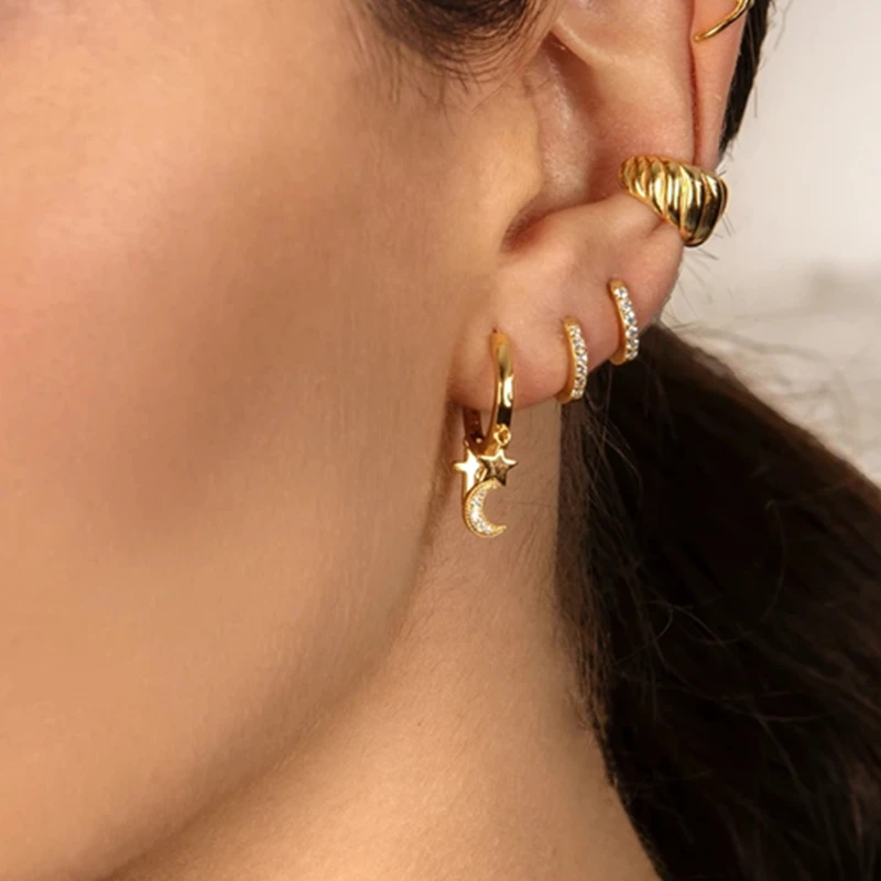 

KOJ 925 Silver Star Moon Hoop Earrings Retro 925 Sterling Plata Ear Rings For Women Korean Charm Trendy Kolczyki Jewelry
